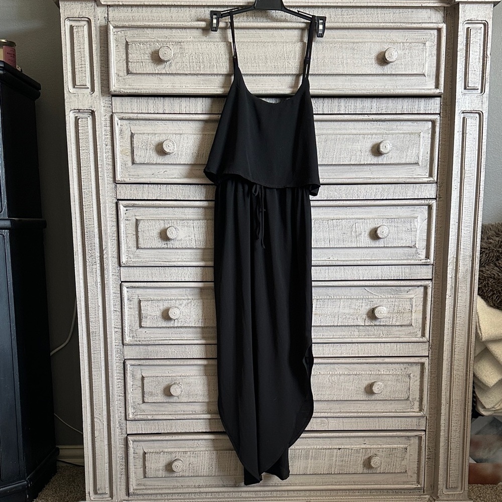 Black Asymmetrical Spaghetti-Strap Maxi Dress - Women's Flowy Drawstring Waist
